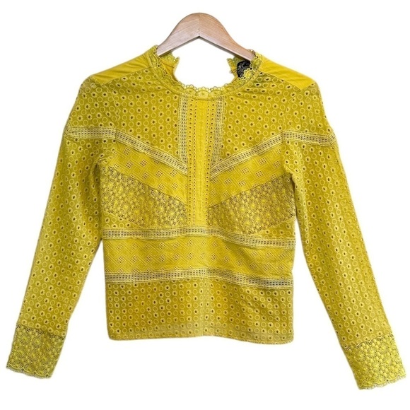 James Coviello Burnham, Lace, Yellow, Long Sleeve, Eyelet, High Neck, Top, XS - Picture 9 of 10